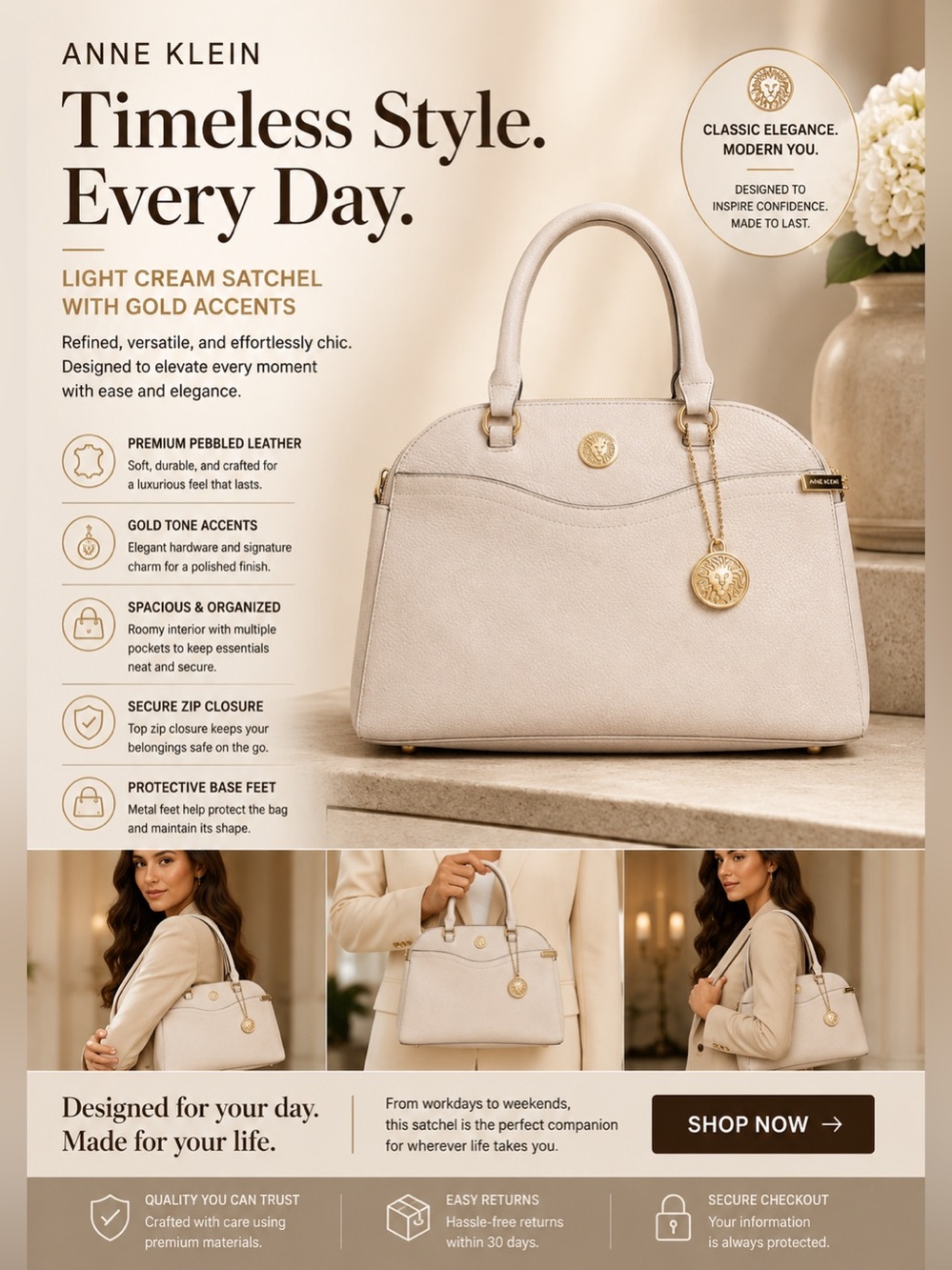 Anne Klein Light Cream Satchel with Gold Accents